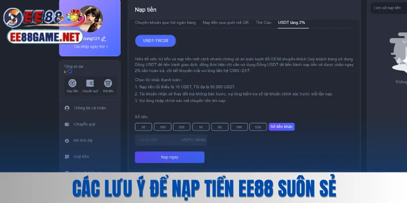 Các lưu ý để nạp tiền EE88 diễn ra suôn sẻ