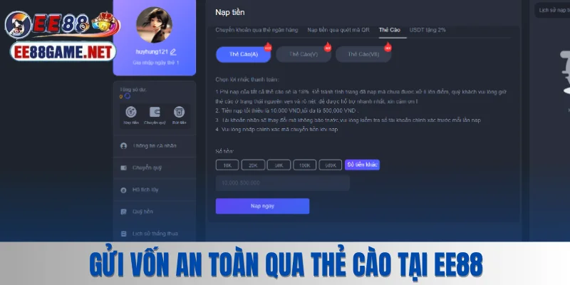 Gửi vốn an toàn qua thẻ cào tại trang web